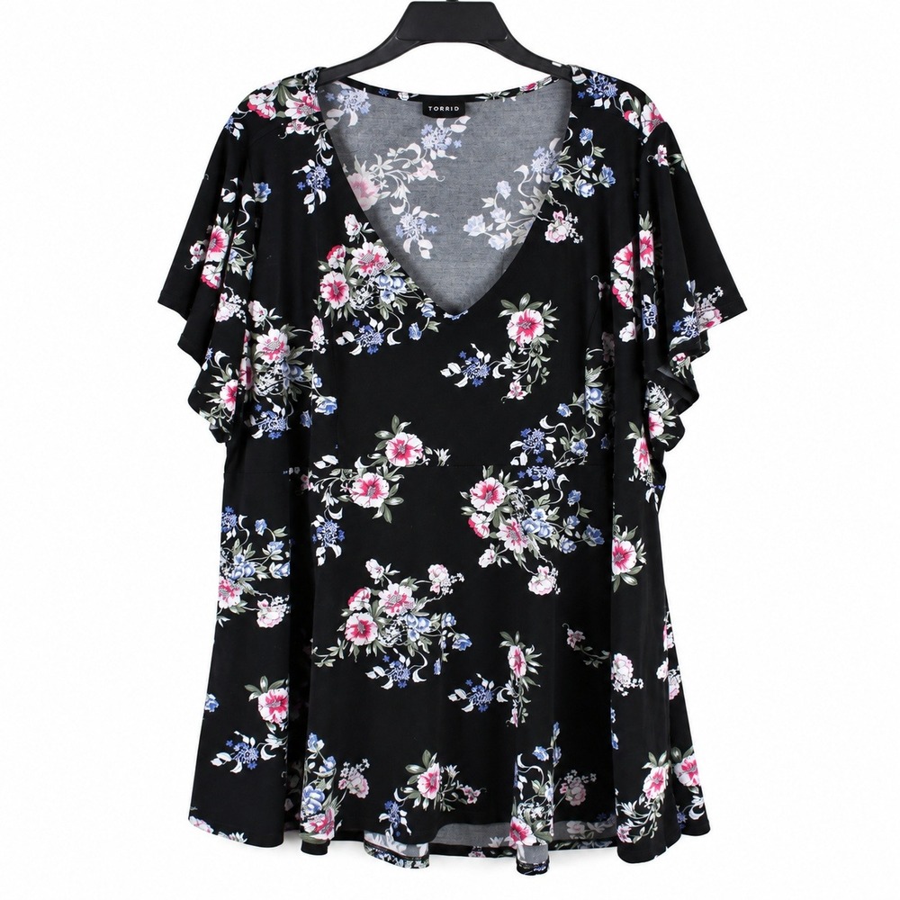 Torrid Black Floral V-Neck Empire Waist Flutter Sleeve Top Plus Size 4 4X